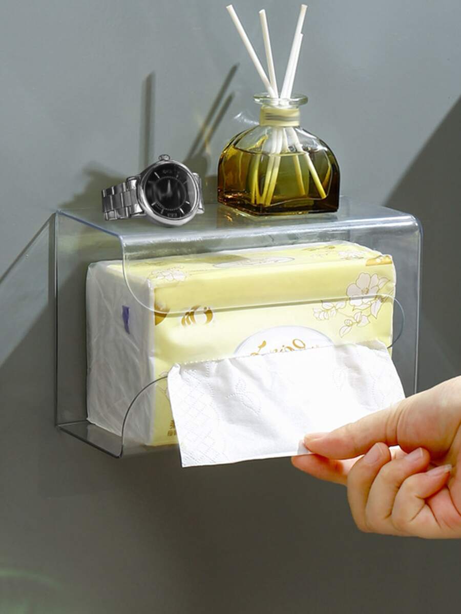1pc Wall Mounted Plastic Tissue Storage Box,Minimalist Clear Square Multifunctional Toilet Paper Holder For Bathroom - Clear - View 1