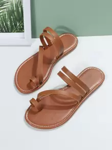 Sandalias de correa fresco al aire libre para mujer, sandalias planas liso con múltiples correas - Óxido marrón - Ver 4