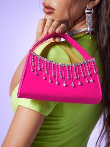 迷你霓虹粉色水鑽流蘇裝飾法棍包 - 玫紅色 - 查看 1