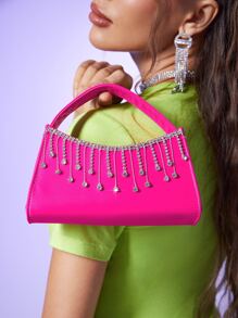 迷你霓虹粉色水鑽流蘇裝飾法棍包 - 玫紅色 - 查看 8