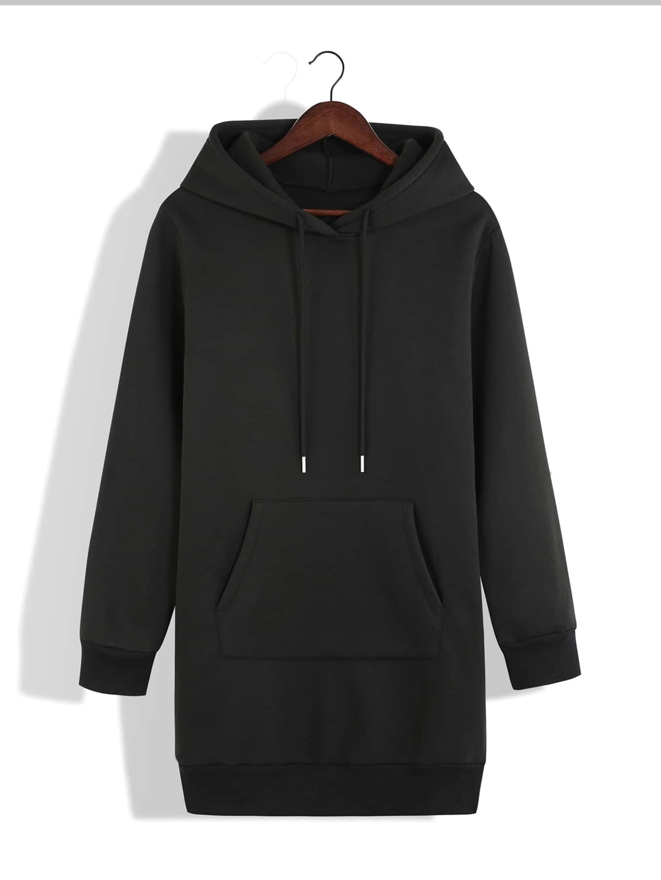 INAWLY Solid Kangaroo Pocket Thermal Lined Drawstring Hoodie Dress - Black - View 1