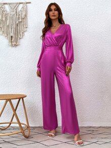 SHEIN Unity 交叉領燈籠袖後鏤空金屬質感連身褲 - 玫紅色 - 查看 2