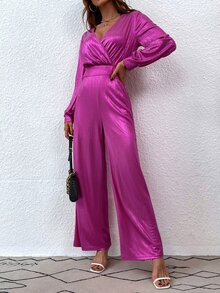 SHEIN Unity 交叉領燈籠袖後鏤空金屬質感連身褲 - 玫紅色 - 查看 5