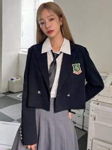 DAZY 1 chiếc áo khoác blazer ngắn cổ ve áo cài nút đôi thêu chữ trang phục công sở - Màu xanh hải quân - Xem 13