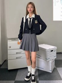 DAZY 1 chiếc áo khoác blazer ngắn cổ ve áo cài nút đôi thêu chữ trang phục công sở - Màu xanh hải quân - Xem 9