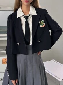 DAZY 1 chiếc áo khoác blazer ngắn cổ ve áo cài nút đôi thêu chữ trang phục công sở - Màu xanh hải quân - Xem 2