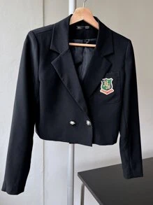 DAZY 1 chiếc áo khoác blazer ngắn cổ ve áo cài nút đôi thêu chữ trang phục công sở - Màu xanh hải quân - Xem 8