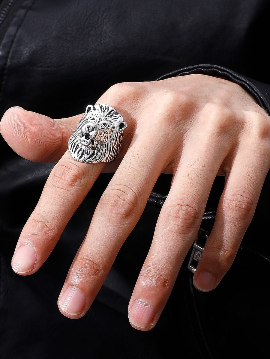 Men Lion Head Design Ring - Silver - View 1