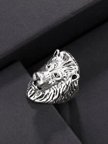 Men Lion Head Design Ring - Silver - View 2