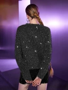 SHEIN Glitter Round Neck Fuzzy Jumper - Dark Grey - View 2