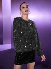 SHEIN Glitter Round Neck Fuzzy Jumper - Dark Grey - View 6