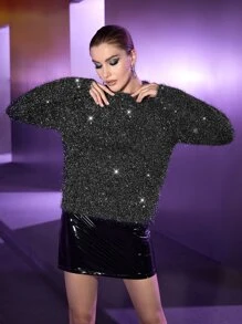 SHEIN Glitter Round Neck Fuzzy Jumper - Dark Grey - View 7