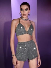 SHEIN 後背繫帶金屬亮絲掛脖上衣和短褲 - 銀色 - 查看 6