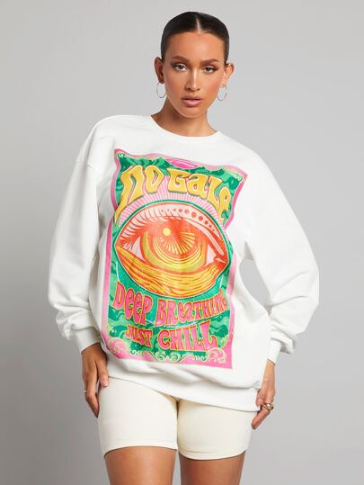 SHEINNeu Drop Shoulder Letter & Sun Print Pullover