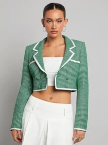 SHEINNeu Houndstooth Print Double Breasted Contrast Binding Crop Blazer - Green - View 4