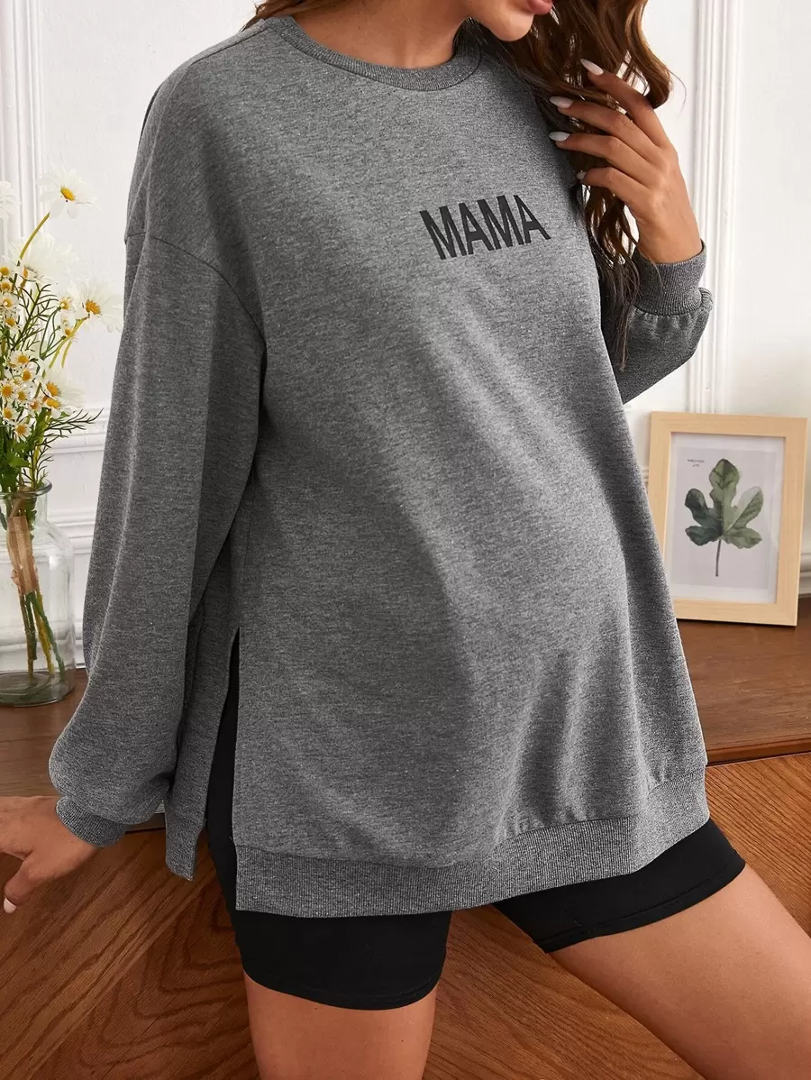 SHEIN Maternity Drop Shoulder Split Side Letter Graphic Pullover - Dark Grey - View 1