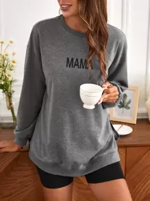 SHEIN Maternity Drop Shoulder Split Side Letter Graphic Pullover - Dark Grey - View 4