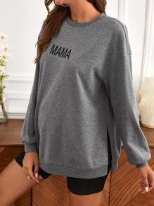 SHEIN Maternity Drop Shoulder Split Side Letter Graphic Pullover - Dark Grey - View 5
