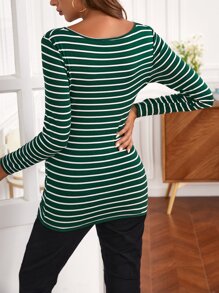SHEIN Maternity Striped Print V Neck Nursing Tee - Green - View 2