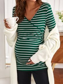 SHEIN Maternity Striped Print V Neck Nursing Tee - Green - View 4