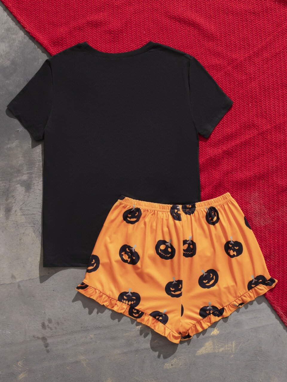 Halloween Pumpkin & Ghost Print Tie Front Frilled PJ Set