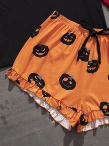 Halloween Pumpkin & Ghost Print Tie Front Frilled PJ Set - Multicolor - View 3