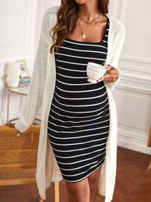 SHEIN Váy Bà bầu Sọc Giải trí - Đen và trắng - Xem 3