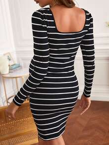 SHEIN Váy Bà bầu Sọc Giải trí - Đen và trắng - Xem 2