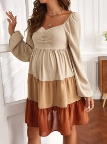 SHEIN Maternity Sweetheart Neck Ruched Front Colourblock Dress - Multicolor - View 5