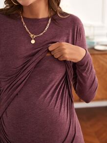 SHEIN Maternity Solid Nursing Detail Tulip Hem Tee - Maroon - View 2