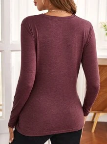 SHEIN Maternity Solid Nursing Detail Tulip Hem Tee - Maroon - View 4