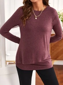 SHEIN Maternity Solid Nursing Detail Tulip Hem Tee - Maroon - View 5