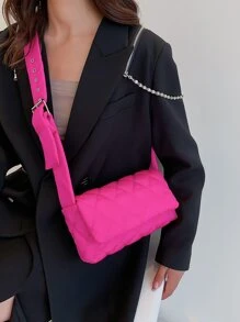 Neon-Pink Argyle Quilted Flap Square Bag pink