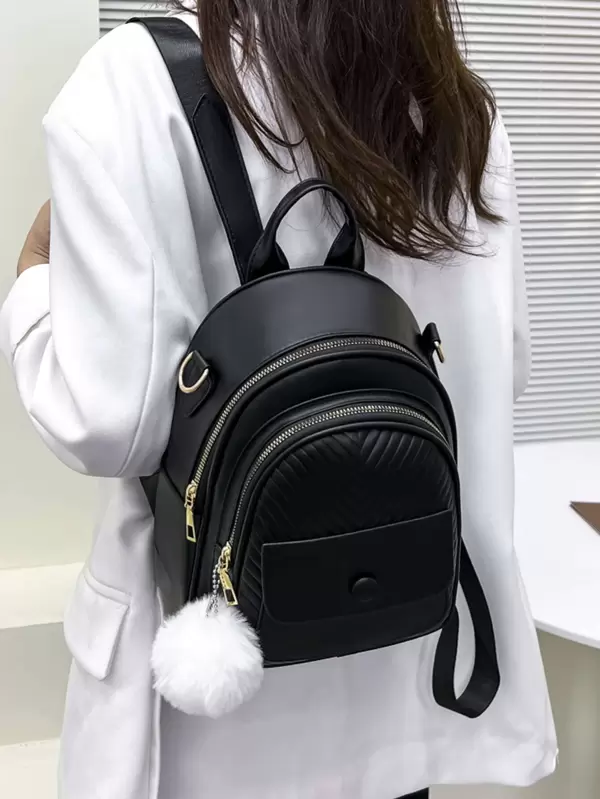 Impermeável, Leve, Negócios Casual Chevron Acolchoado Detalhe Mochila Funcional Com Pom Pom Charme Saco Escolar Bookbag Para Escola Ao Ar Livre Leve, Portátil Para Meninas Adolescentes Mulheres Estudantes Universitários, Novatos E Trabalhadores De Colarinho Branco Perfeito Para Escritório, Faculdade, Trabalho, Negócios, Deslocamento, Ao Ar Livre , Viagens , Passeios
