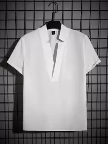 Manfinity NXTstreet Hombres Camisa algodón unicolor de cuello de muesca - Blanco - Ver 1