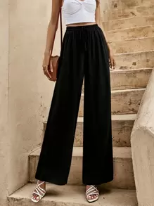 Tie Front Wide Leg Trousers - Black - View 1