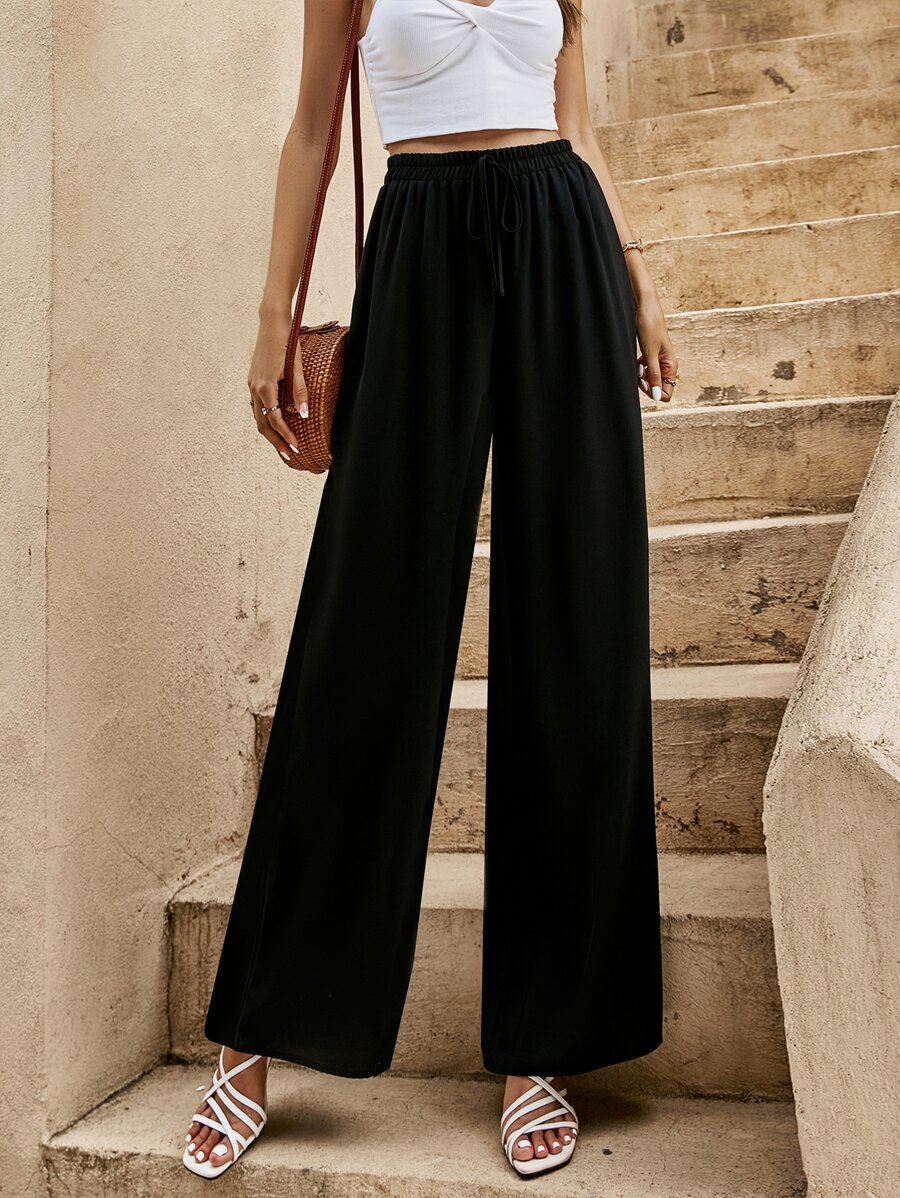 Tie Front Wide Leg Trousers - Black - View 1