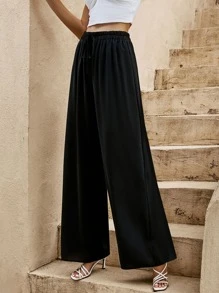 Tie Front Wide Leg Trousers - Black - View 3