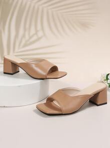 針腳細節粗跟穆勒涼鞋 - 駝色 - 查看 7