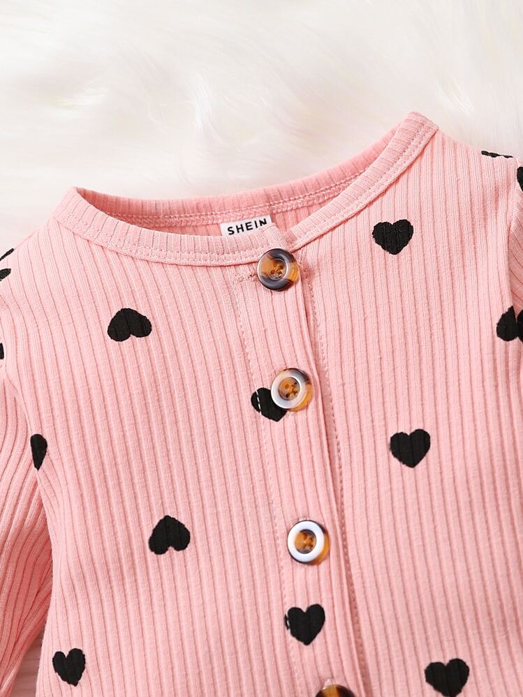 SHEIN ベビー ハートプリント ペプラム裾 Tシャツ & フレアレッグパンツ - ダスティピンク - 見る 3