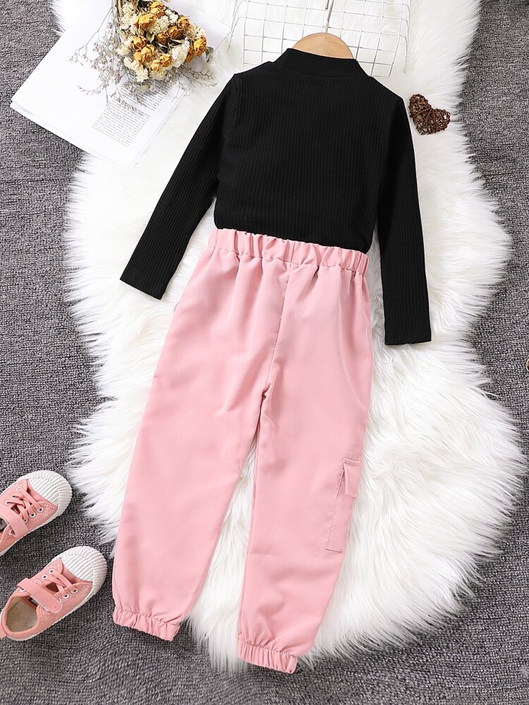 Young Girl Mock Neck Tee & Buckle Tape Flap Pocket Pants
