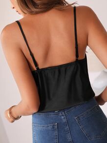 SHEIN Frenchy Lace Trim Satin Cami Top Summer Elegant Black - Black - View 3