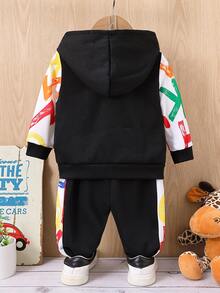 Bebé niño Pantalones deportivos con capucha con estampado de letra de manga en contraste - Negro - Ver 2