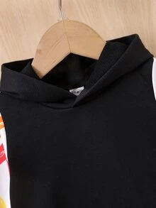 Bebé niño Pantalones deportivos con capucha con estampado de letra de manga en contraste - Negro - Ver 3