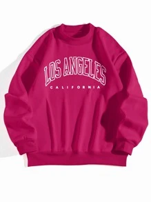 INAWLY 字母圖案小高領加絨內裏連帽衫 - 玫紅色 - 查看 1