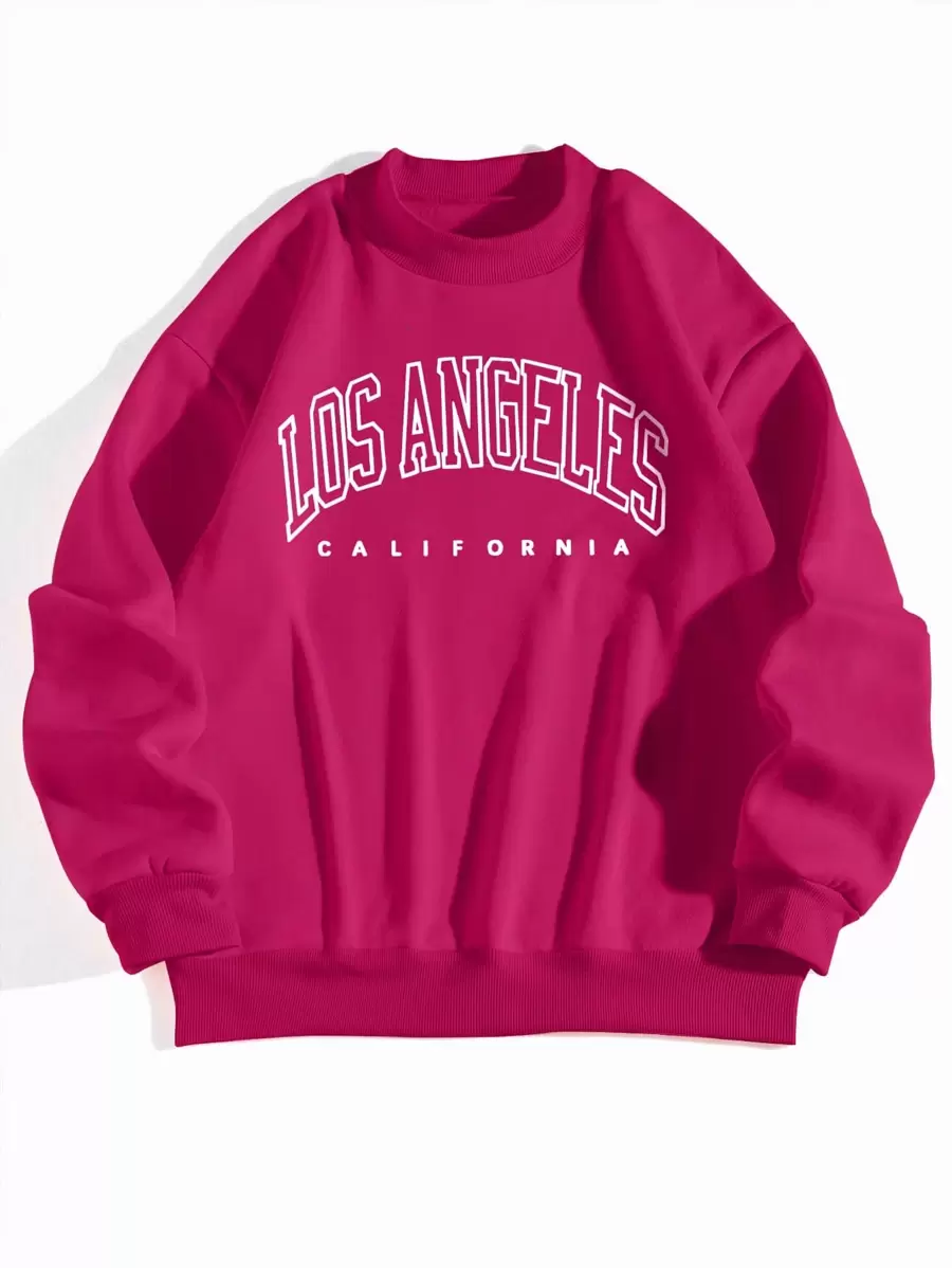 INAWLY 字母圖案小高領加絨內裏連帽衫 - 玫紅色 - 查看 1