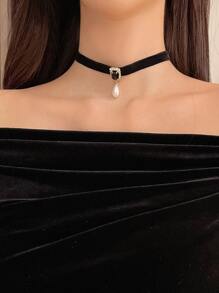 DAZY 人造珍珠和鑽石裝飾的套頸項鍊 - 黑色 - 查看 2