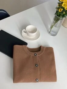 DAZY 鈕扣前垂肩運動針織衫 - 棕色 - 查看 4