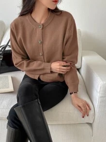 DAZY 鈕扣前垂肩運動針織衫 - 棕色 - 查看 3
