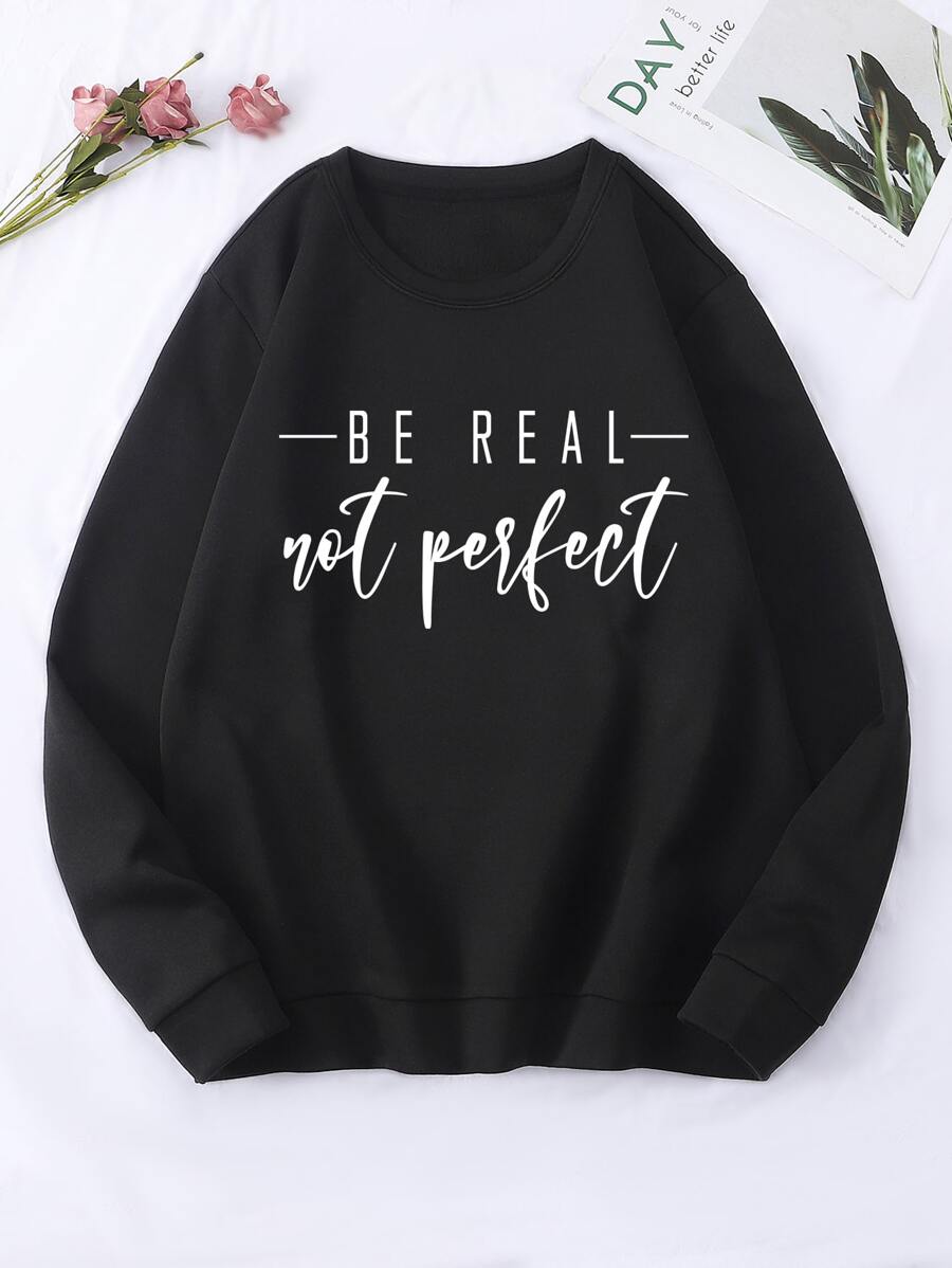 SHEIN EZwear Slogan Graphic Thermal Lined Pullover - Black - View 1